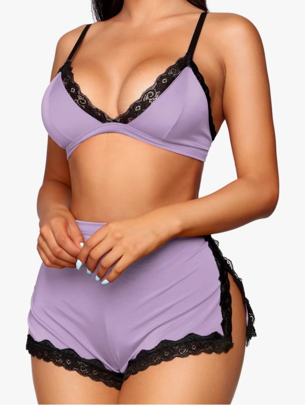 Women Soft Lingerie Set Lace Trim Sleepwear 2 piece Pjs Shorts Set